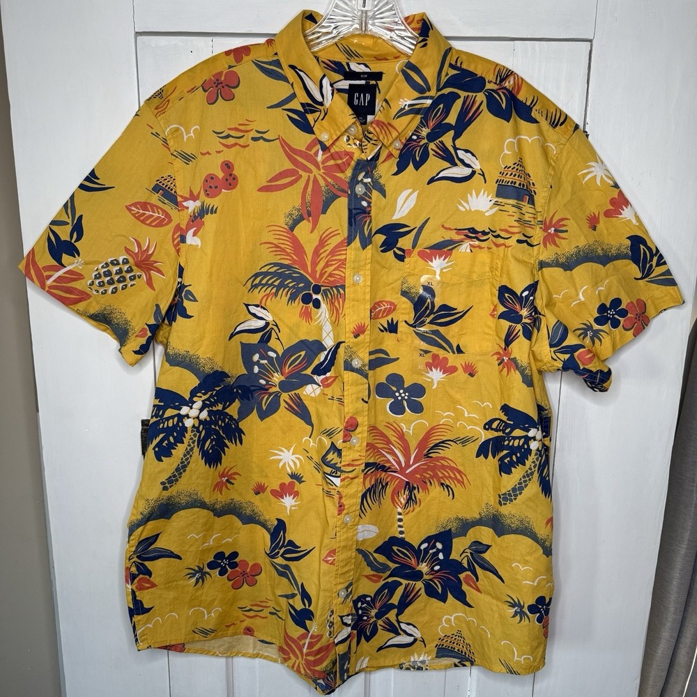 NEW GAP Size XL Slim Hawaiian Yellow Palm Tree Short Sleeve Button Up Men's NWT